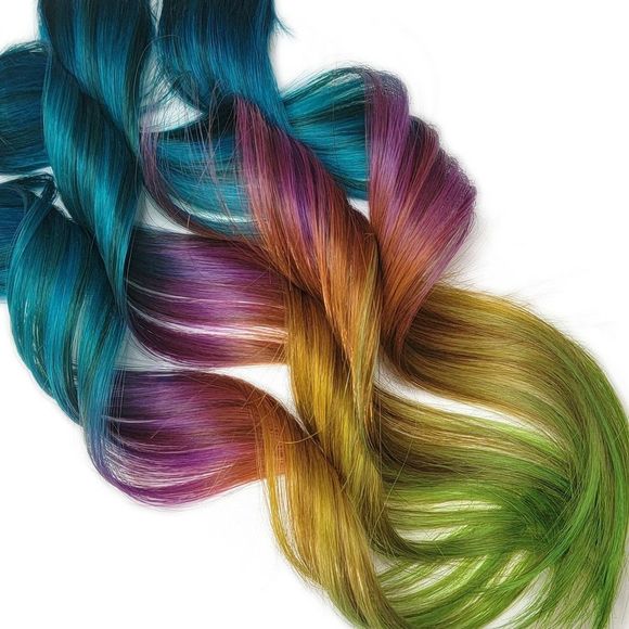 Real Human Hair Extensions Blue Rainbow Color Melt Ombre Shoulder Length Hair